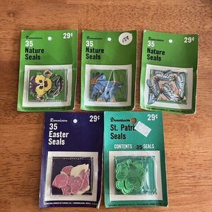 5 PKGS Vintage Dennison Seals Rabbits Butterfly Flowers St Patrick Easter Nature